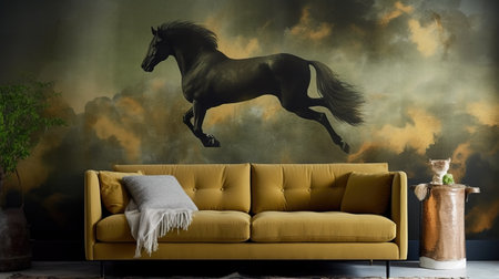 a cool modern living room mockup with a creative flying horse wall art, ai generated imageの素材