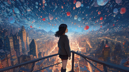 a beautiful magical wallpaper of an anime girl watching a city from top of a skyscrapper with a lot of balloons on the sky, ai generated imageの素材