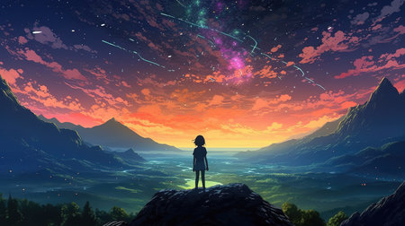 a girl standing alone on top of the mountains in a fantasy world, ai generated imageの素材