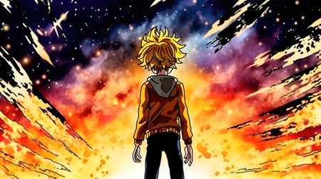 a cool looking anime boy standing in front of a big sky sunset explosion, wallpaper style, ai generated imageの素材