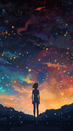 a wonderful lightning night with stars and a lonely woman, vertical artwork, ai generated imageの素材
