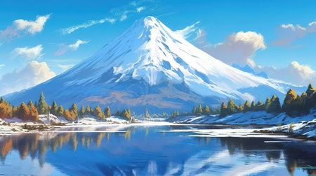 a giant big mountain full of snow in front a big lake in winter, ai generated imageの素材