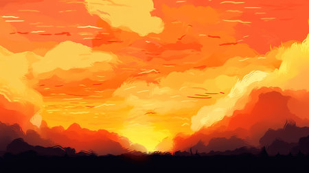 a beautiful impressionist simple anime landscape illustration of the sunset, oil painting style, ai generated imageの素材