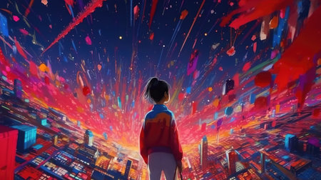 an abstract dimension distort anime illustration of a girl watching the world, ai generated imageの素材