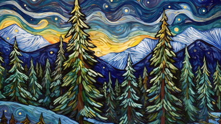 a wonderful ngiht in winter with a magical inspired sky full of waves, vincent van gogh artstyle, ai generated imageの素材