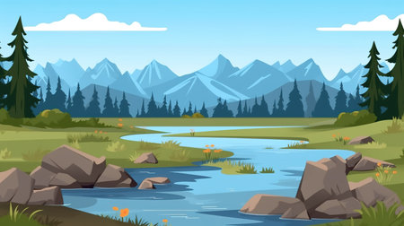 a cartoon landscape artwork of a little river with mountains, ai generated imageの素材