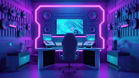 a cyberpunk inspired modern gaming room mockup, ai generated imageの素材