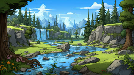 a realistic cartoon inspired landscape of a waterfall in the forest, ai generated imageの素材