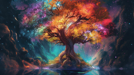 magical beautiful colored shining giant fairytale tree, ai generated imageの素材