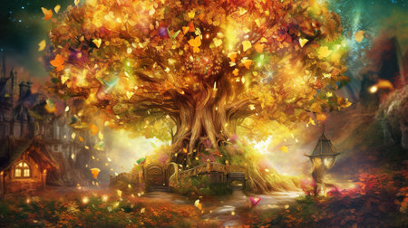 amazing shining golden magical giant tree, fairytale artwork, ai generated imageの素材