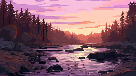 a realistic inspired sunset illustration with a rier at a forest, ai generated imageの素材