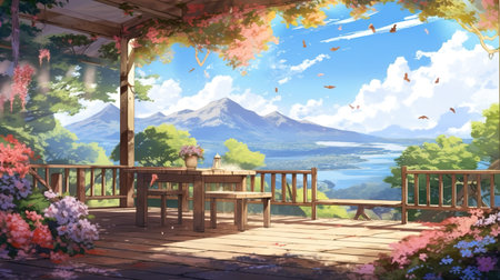 a cute living room mockup in the mountains, anime style, ai generated imageの素材