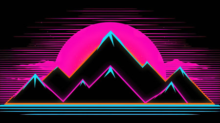 big giant mountains in a cartoon asian neon light style, ai generated imageの素材
