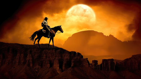 a lonely cowboy with his horse on top of a hill at sunset, wild west artwork, ai generated imageの素材