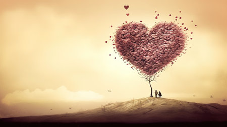a cute couple is standing under a big giant tree made out of heart pieces, ai generated imageの素材