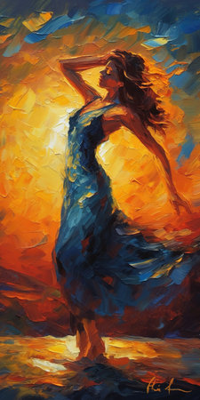 an attractive woman at the beach at sunset, oil painting style, ai generated imageの素材