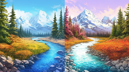 a realistic fantasy inspired season changing landscape artwork, ai generated imageの素材