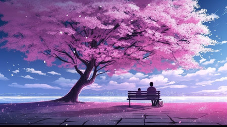 a calm beautiful freedom inspired cherry tree illustration with a man sitting on a bench with his child, ai generated imageの素材