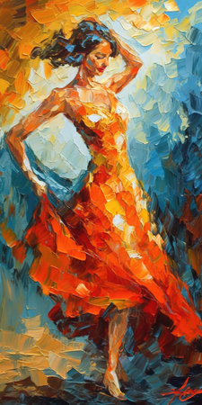 a beautiful woman in an orange dress in oil painting style, ai generated imageの素材