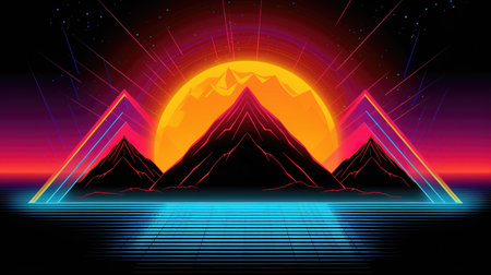 a big sun in the background of a mountain row, neon light wallpaper, ai generated imageの素材