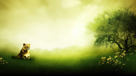 a wonderful paradise wallpaper of nature plants and a lion sitting in the grass, ai generated imageの素材