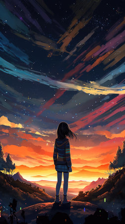 a beautiful sunset anime illustration with colorful sky and a girl standing in front, ai generated imageの素材