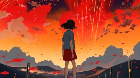 a classic inspired anime artwork of a young woman watching a creative red sky, ai generated imageの素材