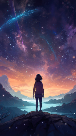 an epic anime illustration of a lonely woman in a scifi universe, ai generated imageの素材