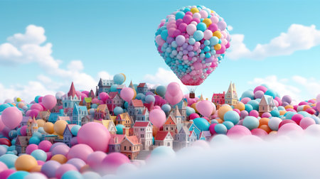 a hot air balloon made out of balloons in a fantasy cartoon world, birthday gift card, ai generated imageの素材