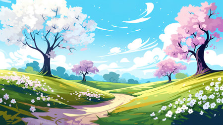 a place of freedom and peace in an asian cartoon style with cherry trees, ai generated imageの素材