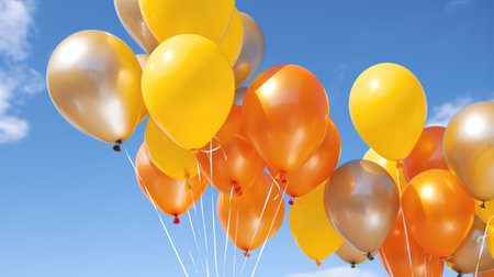 golden yellow ballons flying, gift card artwork, ai generated imageの素材