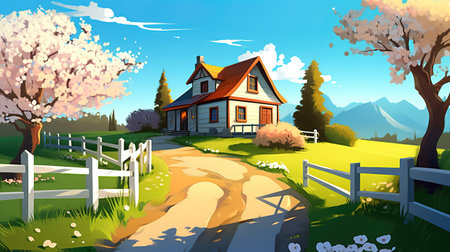 a beautiful family house at the hill, cartoon cherry trees, ai generated imageの素材