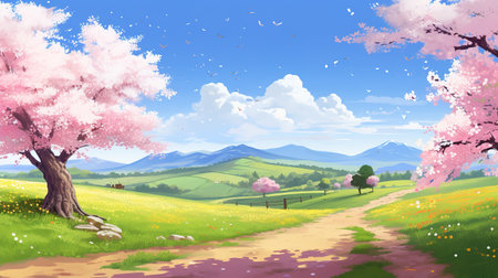 peace on earth with cherry trees landscape, cartoon anime style, ai generated imageの素材