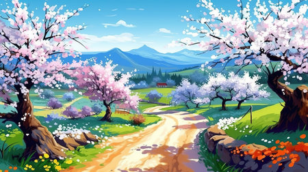 realistic anime style of a freedom peaceful place with cherry trees, ai generated imageの素材