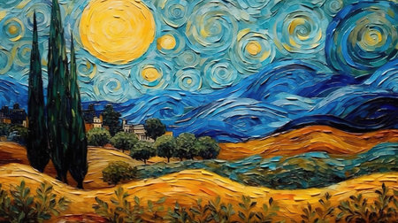 a vincent van gogh inspired landscape with a wavy sky, ai generated imageの素材