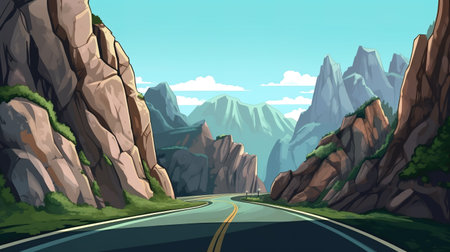 a long road in the mountains, calm and relax artwork, ai generated imageの素材