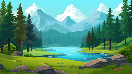 a beautiful cartoon inspired nature landscape artwork, ai generated imageの素材