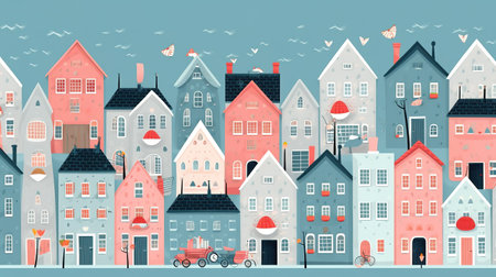 cartoon children book inspired house row, beautiful style, ai generated imageの素材