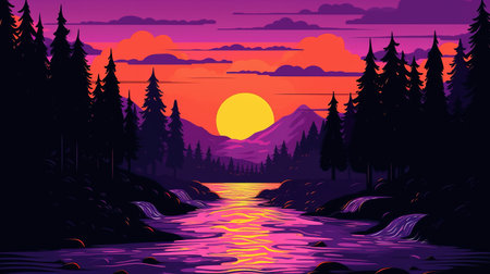 a beautiful sunset artwork at night with a river and forest, anime style, ai generated imageの素材