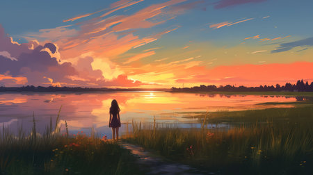 thinking about life at the lake, anime artwork, ai generated imageの素材