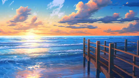 an anime illustration of a ocean view, ai generated imageの素材