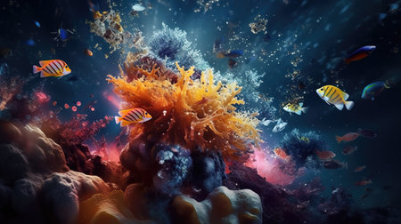 an imprssive amazing under water plant wallpaper artwork, fishes around, ai generated imageの素材