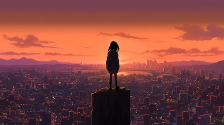 a sad anime girl standing at the top of a hill watching down to the city, anime manga artwork, ai generated imageの素材