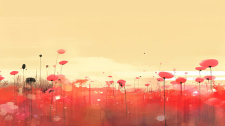 a beautiful red colored field of flower watercolor artwork, ai generated imageの素材