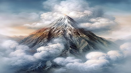an impressive epic illustration of a mountain with snow, wallpaper style, ai generated imageの素材