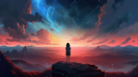 a scifi wallpaper artwork of a lonely girl standing on top of a hill, ai generated imageの素材