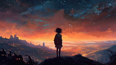 a young cute anime girl standing at the top of a fantasy world at sunset, ai generated imageの素材