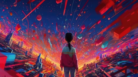 a young anime girl stnading at the top of a city in a dimension distort place, manga wallpaper, ai generated imageの素材
