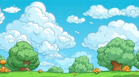 a cute cartoon inspired landscape with trees and clouds on the sky, ai generated imageの素材