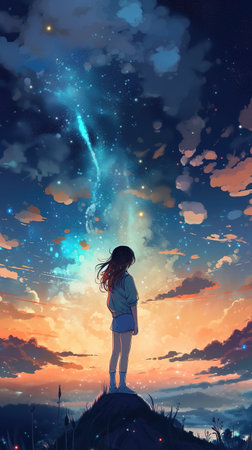 a sad lonely anime girl standing alone under a lightning sky, vertical phone screen artwork, ai generated imageの素材